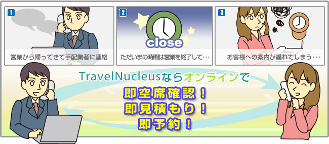 TravelNucleusならオンラインで即空席確認！ 即見積もり！ 即予約！